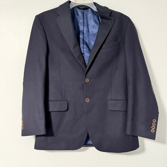 Jos. A. Bank 100% Wool Tailored Fit Navy Blazer‎ Jacket w/ Elbow Patches